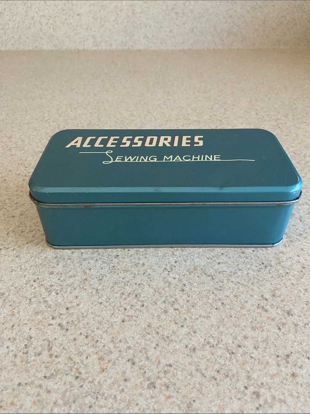 Vintage Sewing Machine Accessories Tin Blue Metal Storage Box